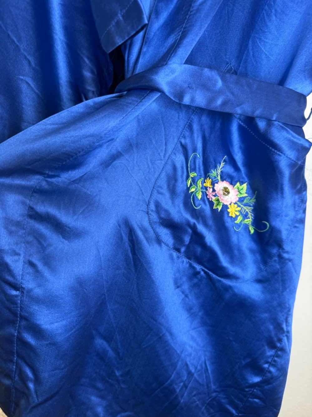 Vtg Chinese Silk Robe Royal Blue Double Peach Floral Embroidery Kimono Phoenix - Picture 9 of 11